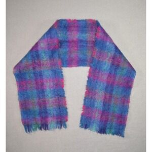 John Hanly Scarf Mohair Wool Blend Blue Purple Fringe Ireland Plaid Vintage